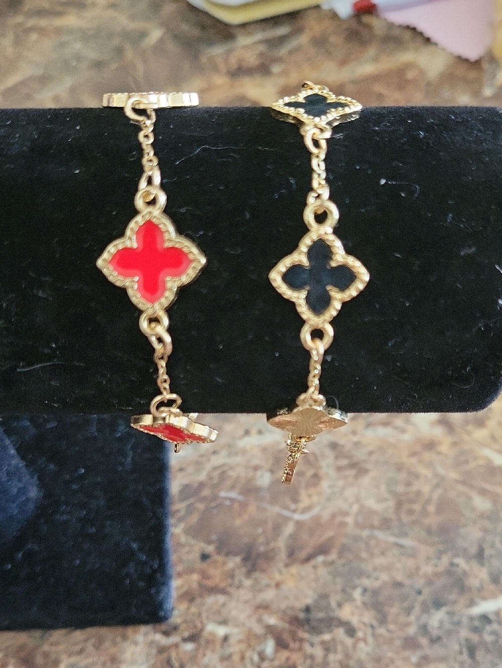 Gold Drop Clover Bracelet with Red and Black Enamel